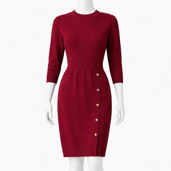 St. John by Marie Gray Burgundy Knit Dress Size 6 Gold Buttons USA Vintage 1980s - Picture 2 of 9